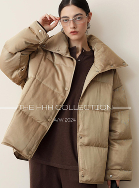 3HLADY 时髦香槟色 醋酸羊毛表层 可两穿领OS风格鹅绒服85绒含量