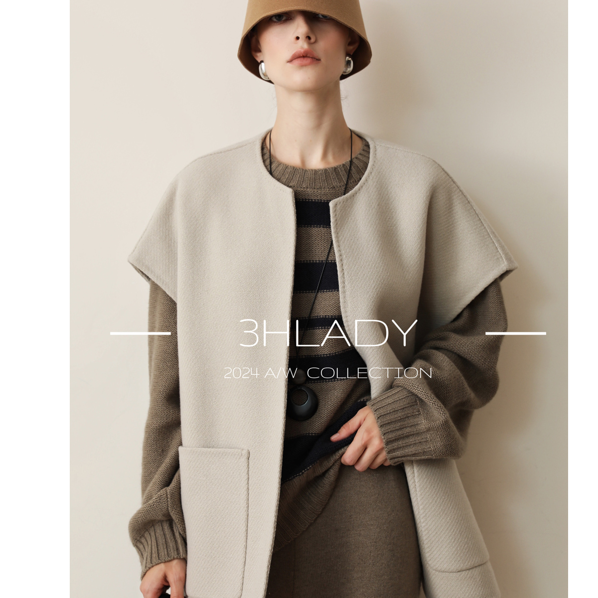 3HLADY 意大利进口面料TESSUTI十字肌理纹双面呢一分袖羊毛绒外套