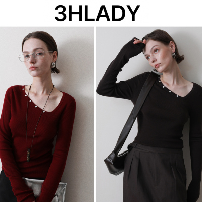 3HLADY |25早秋 不规则领 扣饰 120S美丽诺羊毛 修身弹力针织衫