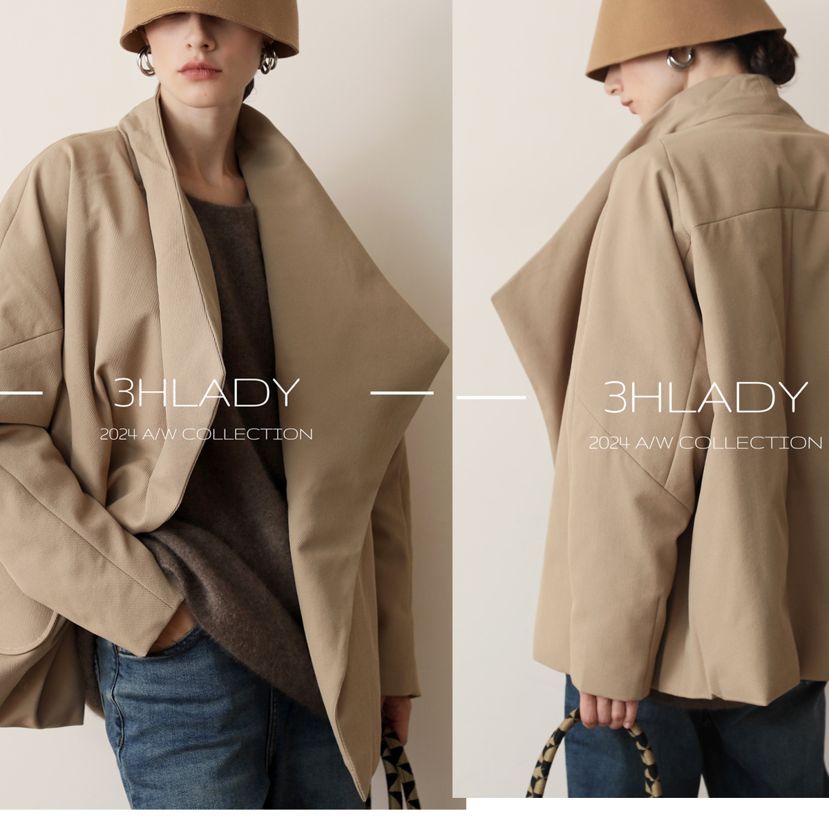 3HLADY设计师风格 进口中空纱 95鹅绒暗吸扣 A型不对称口袋羽绒服