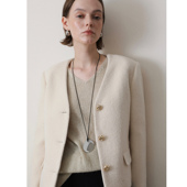 3HLADY 静奢百搭 裸色含苏力羊驼毛V领小香风羊毛外套