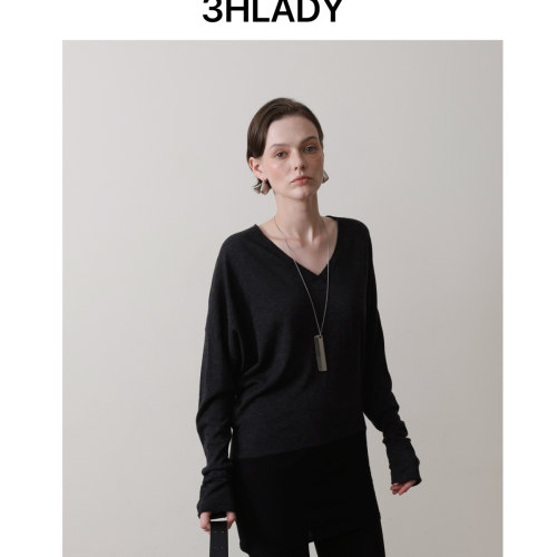 3HLADY |低调小众 立体剪裁灰黑撞色上松下紧中长款针织衫