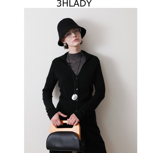 3HLADY|小众设计风格超细羊毛翻领收腰设计 黑色长开衫
