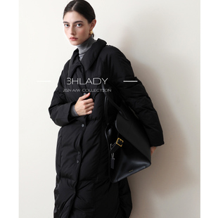 3HLADY 极简黑  经典MIU系小尖翻领黑色中长款90鹅绒服羽绒服