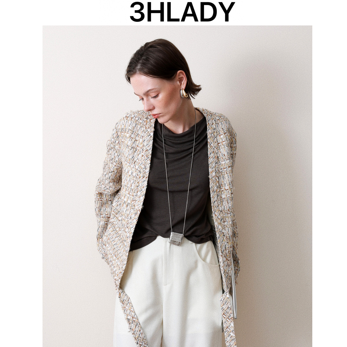 3HLADY| 法国进口面料 莫奈星芒下摆飘带装饰无领花呢小香风外套