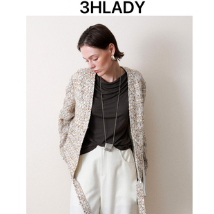 饰无领花呢小香风外套 莫奈星芒下摆飘带装 3HLADY 法国进口面料