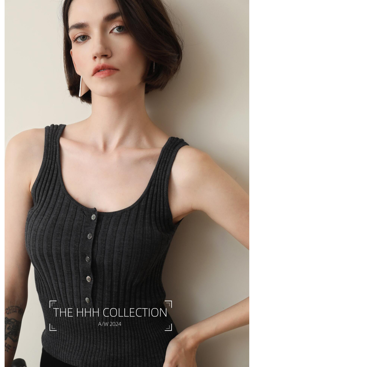 3HLADY 法式纯欲轻奢 极细美丽诺羊毛 高弹力亨利领坑条短款背心