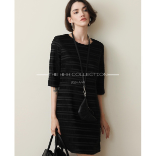 3HLADY 特殊编织工艺 小香风 中袖立体剪裁连衣裙小黑裙