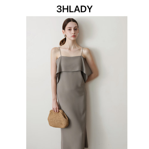 3HLADY | 清冷ROW感 一字领+叠层装饰 含醋酸 垂感吊带长款连衣裙