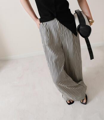 3HLADY  时髦有范 重磅丝麻 垂感JU佳  藏青白撞色竖纹阔腿长裤