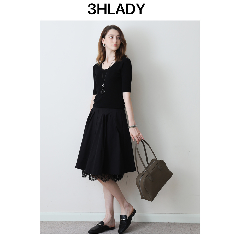 3HLADY 复古MIU风黑白色客供高支精梳棉 蕾丝边点缀蓬蓬摆半身裙