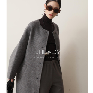 3HLADY北欧高街 松弛解构无领骆驼绒澳洲羊毛双面呢大衣 双面异色