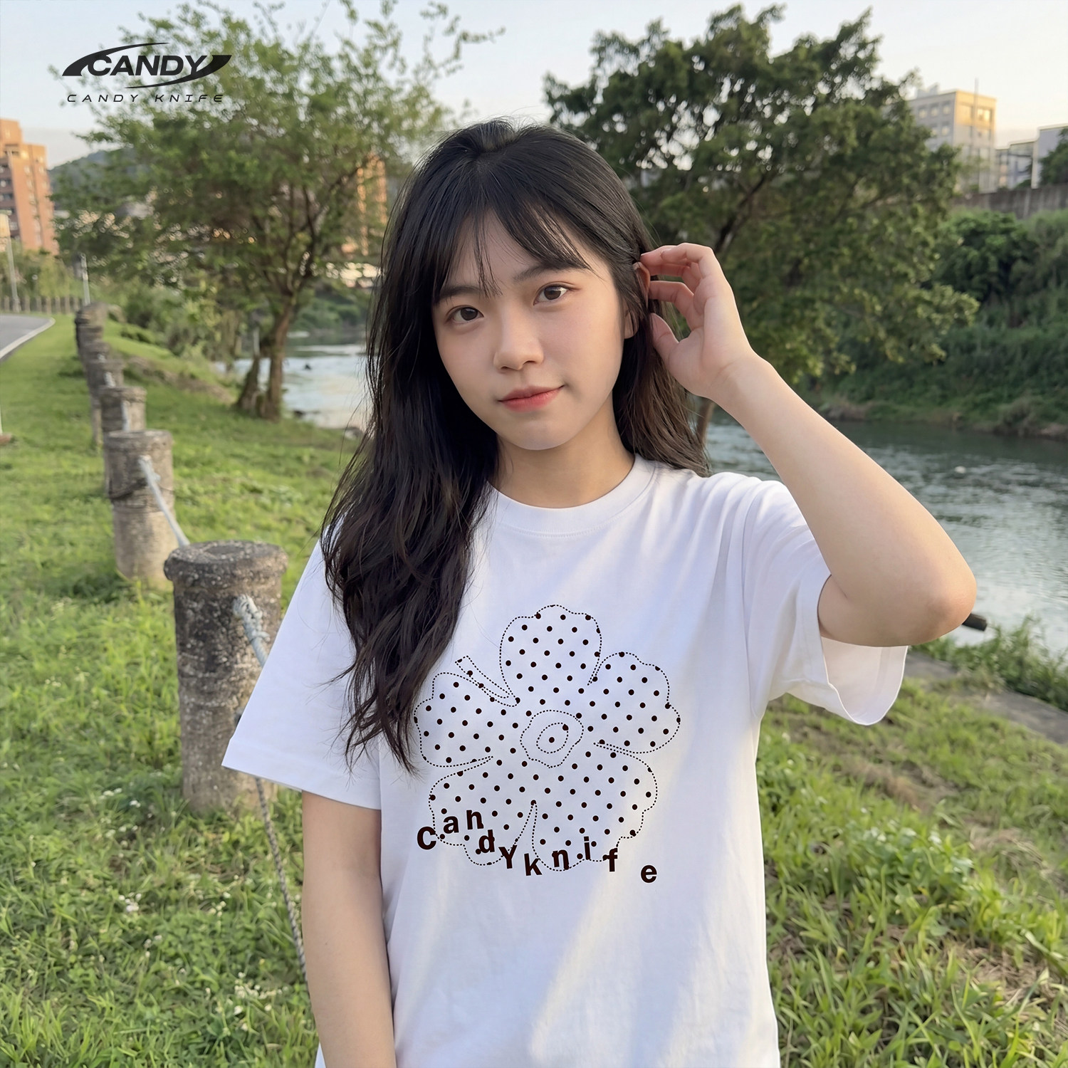 CandyKnife森女系t恤女韩系简约波点花朵纯棉印花日常休闲显瘦夏