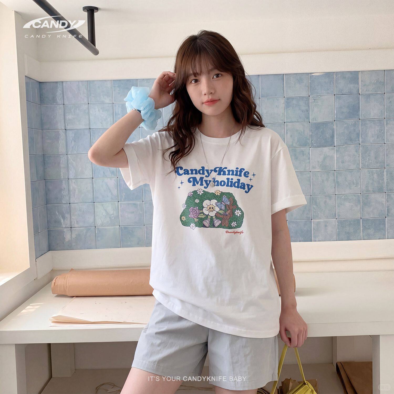 CANDY KNIFE花园款印花T恤女夏季新款韩系森女系日常减龄纯棉短袖