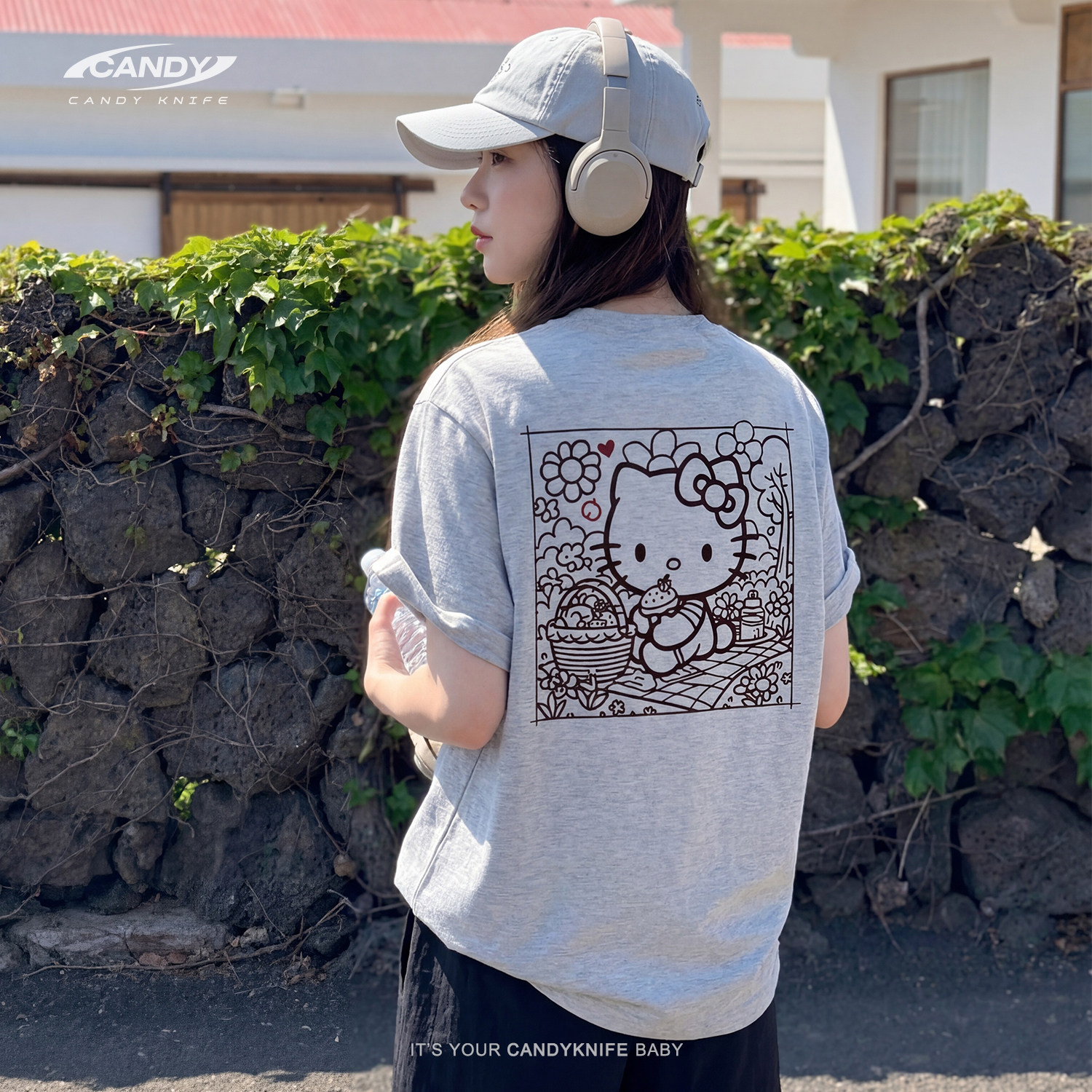 CANDY KNIFE 可爱猫咪头像小标印花野餐线条T恤日系休闲百搭短袖