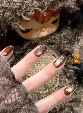 纯手工穿戴甲2025秋冬新款琥珀猫眼高级感蓝色亮片显白短款美甲贴