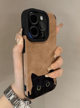 大眼黑猫适用苹果16手机壳15翻毛皮14保护13软套iPhone12硅胶Xs全11包xr防摔pro男max女6s新款78plus简约se23