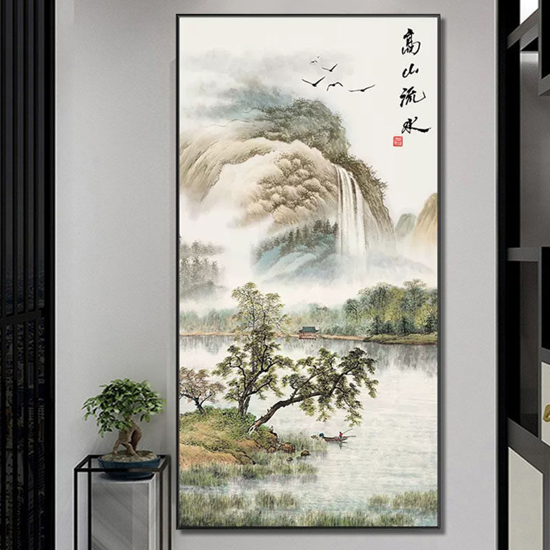 高山流水十字绣2026新款满绣山水风景印花线绣走廊玄关中国风挂画