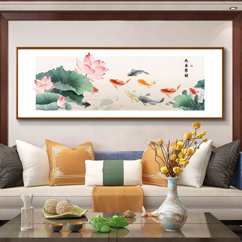 5d钻石画满钻新款客厅卧室九鱼图荷花贴钻十字绣水晶珠绣手工diy