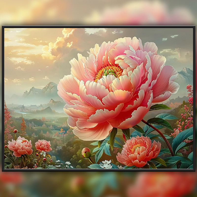 现代牡丹图钻石画满钻新款客厅餐厅点贴钻十字绣手工满绣花朵风景