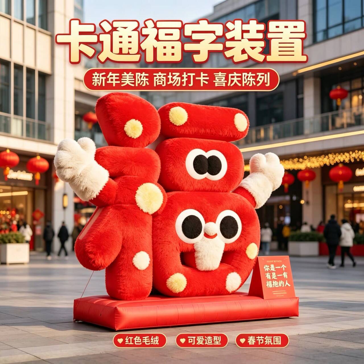 大型毛绒卡通福字雕塑商业街区景区打卡装置可爱拟人福字落地美陈
