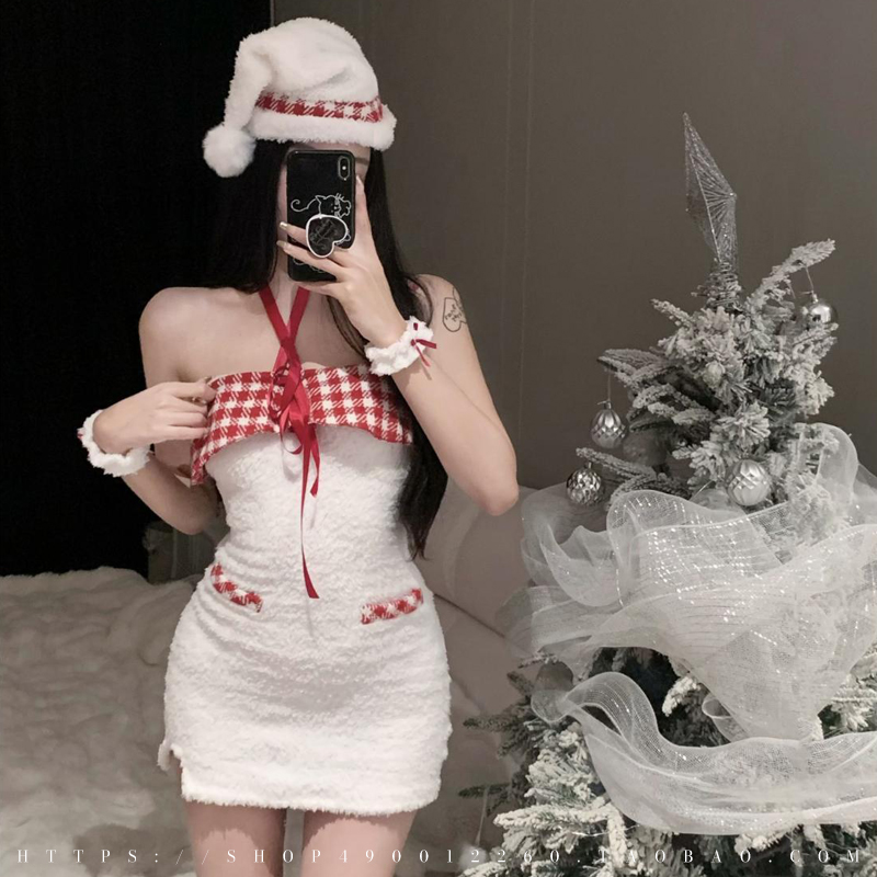 圣诞节甜辣纯欲毛绒一字肩格子挂脖连衣裙女性感修身显瘦包臀短裙