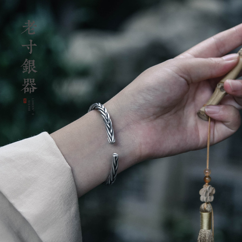 麻花编织纯银手镯女年轻款足银999银镯子刻字开口云南大理雪花银