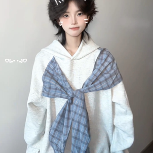 宽松休闲慵懒风上衣服 独特拼接格子蝴蝶结连帽卫衣女2025秋冬爆款