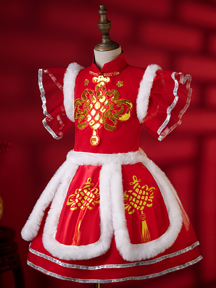 元宵节说唱中国红演出服儿童喜庆女童短袖幼儿园红色打鼓服福娃服