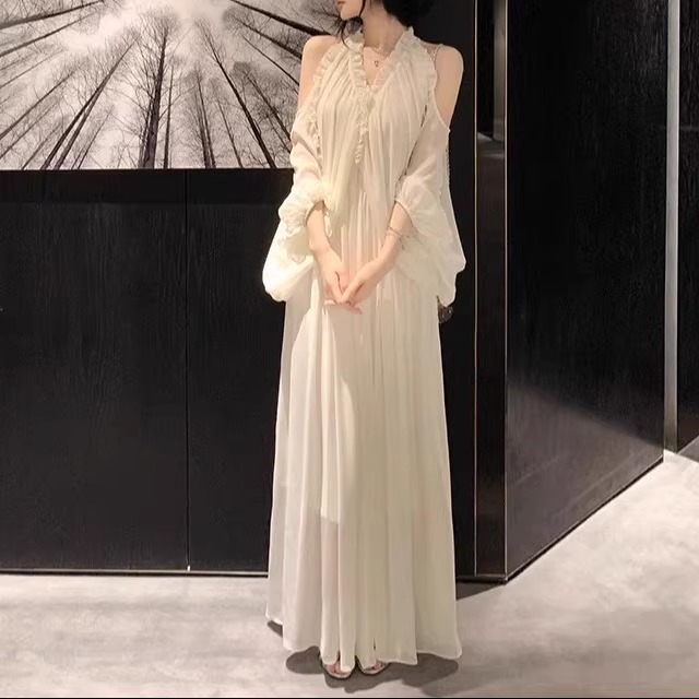 法式露肩长款连衣裙两件套