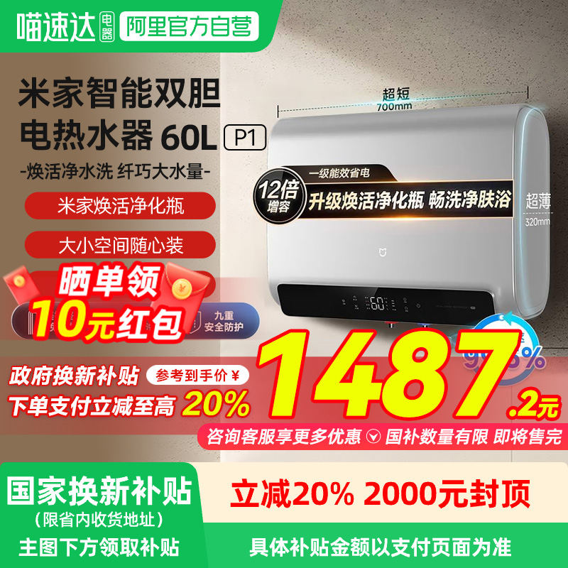 小米米家智能双胆电热水器60L P1家用卫生间洗澡一级能效大容量