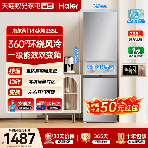 海尔电冰箱285L家用小型两门左右开门无霜出租房一级官方正品373