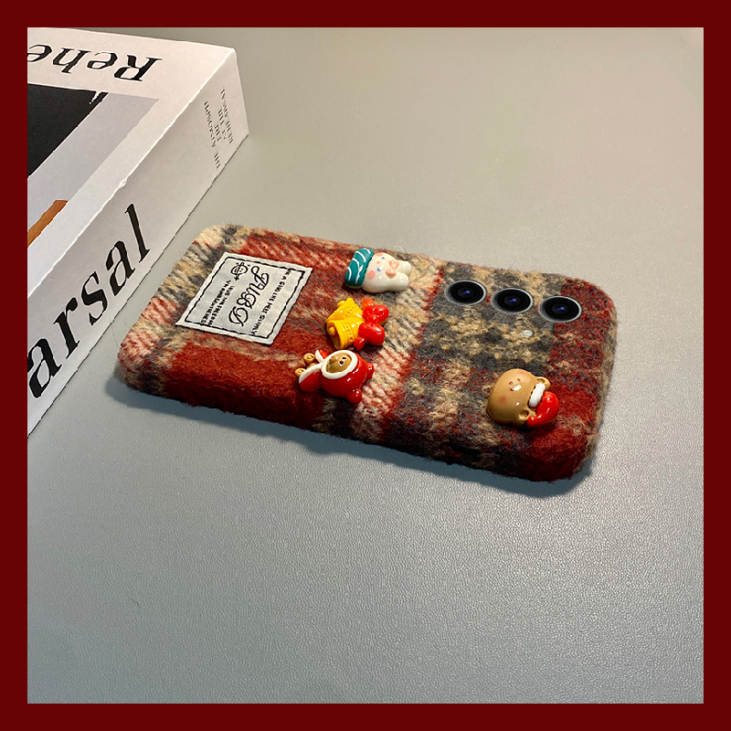 手机壳秋冬绒布红色格子圣诞铃铛兔子小熊