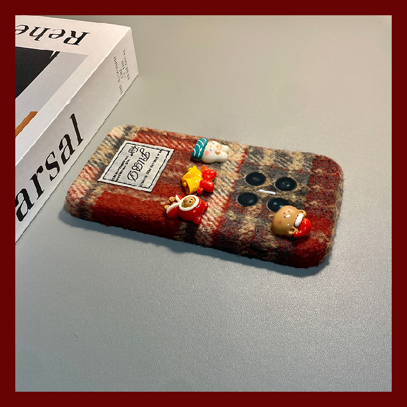 手机壳秋冬绒布红色格子圣诞铃铛兔子小熊