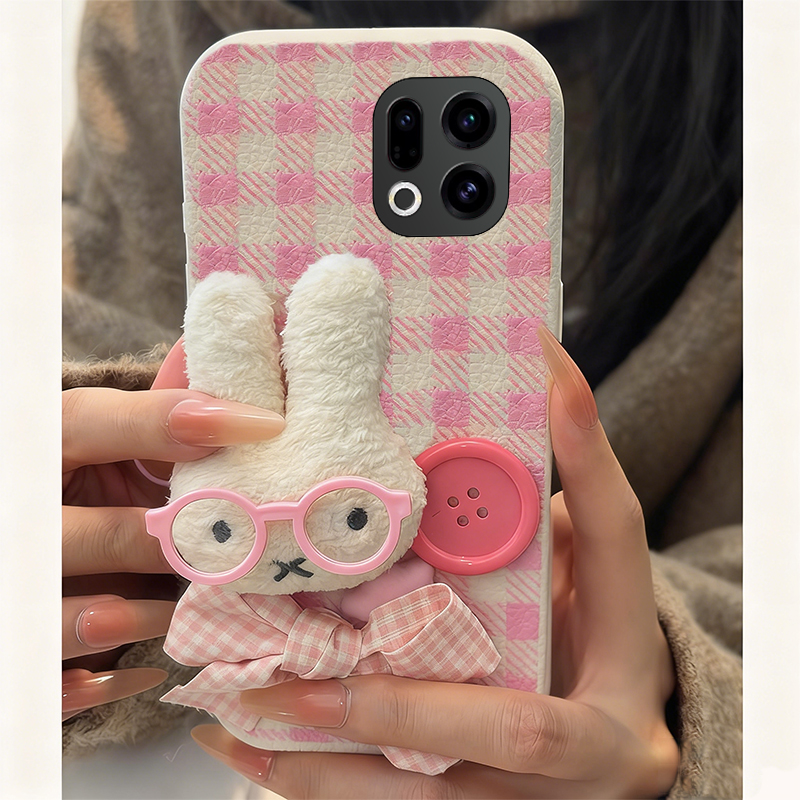 手机壳仿皮皮纹格子卡通秋冬毛绒纽扣米菲兔