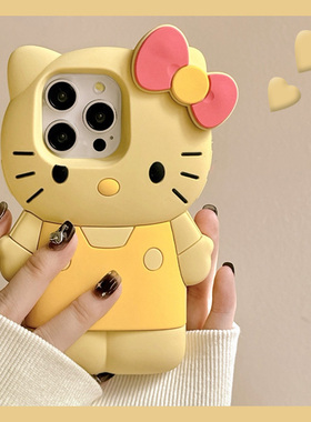 立体黄色kt猫适用苹果17手机壳华为pura80卡通mate70荣耀magic7可爱nova14小米17凯蒂猫oppok13s挂链vivox200