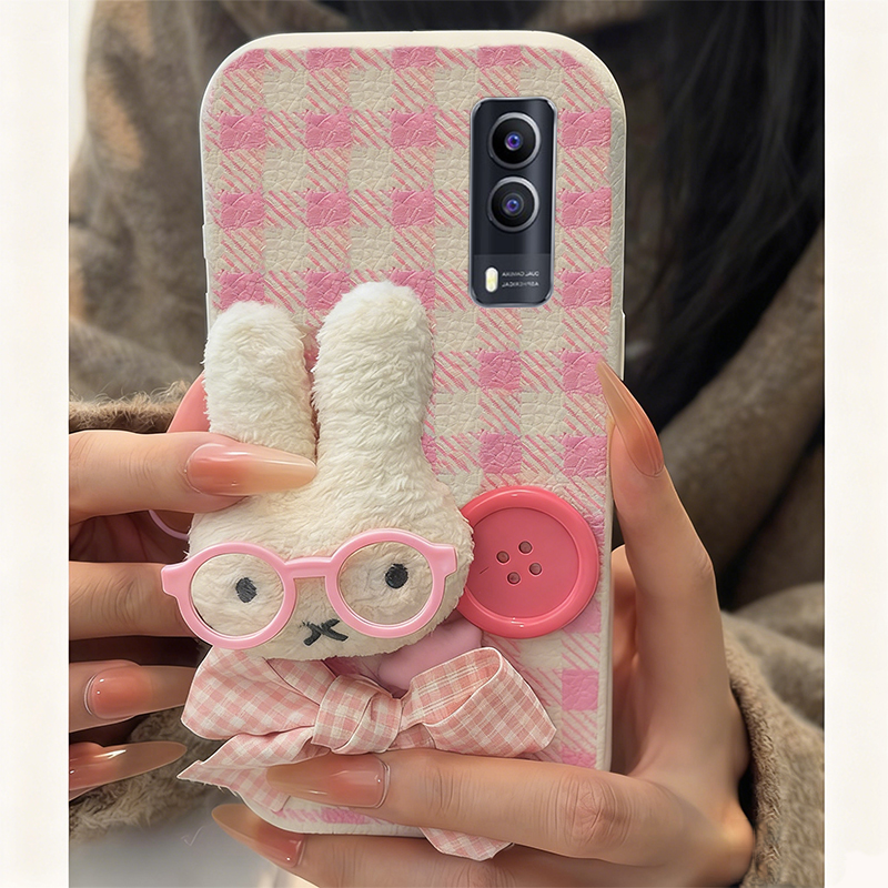 手机壳仿皮皮纹格子卡通秋冬毛绒纽扣米菲兔