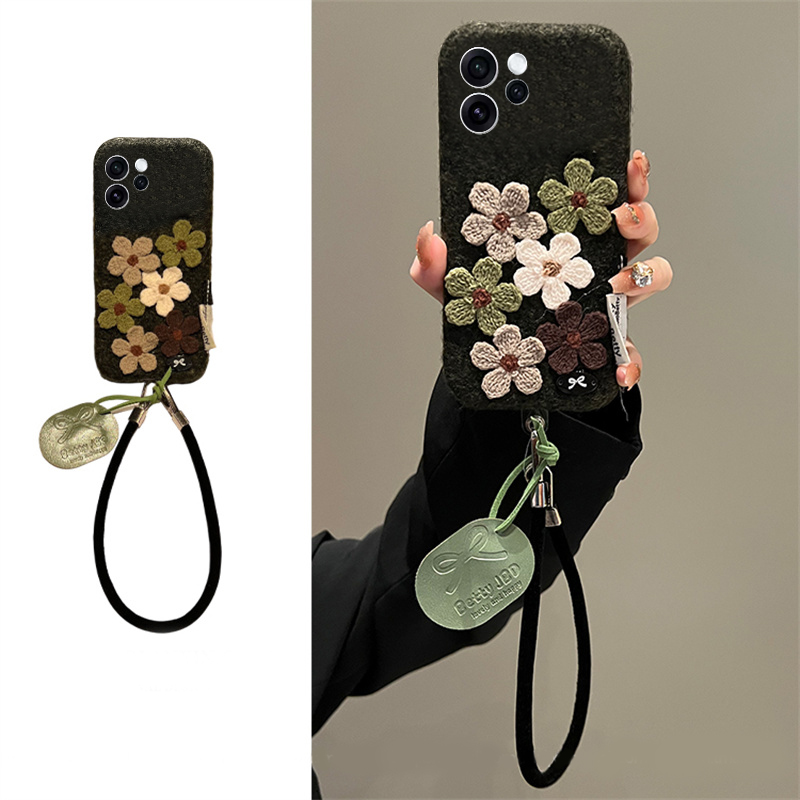 手机壳秋冬绒布ins风立体绿色花朵挂件皮绳