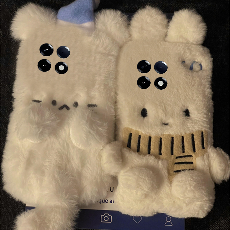 手机壳秋冬毛绒可爱卡通围巾米菲兔帽子小猫