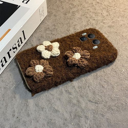 手机壳秋冬毛绒针织花朵带手绳