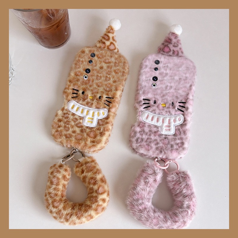 手机壳秋冬毛绒豹纹卡通圣诞帽子