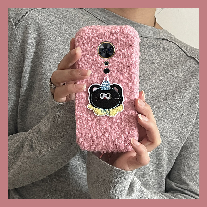 毛绒刺绣小猫适用美图t9手机壳t8秋冬绒布t8s卡通可爱卷毛冬天毛茸茸毛毛新款保护套超火全包防摔硅胶软壳女