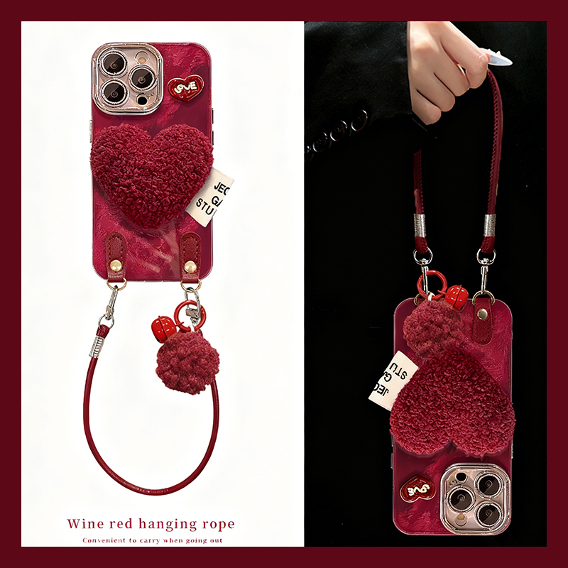 手机壳硅胶红色秋冬毛绒爱心支架挂件手提绳