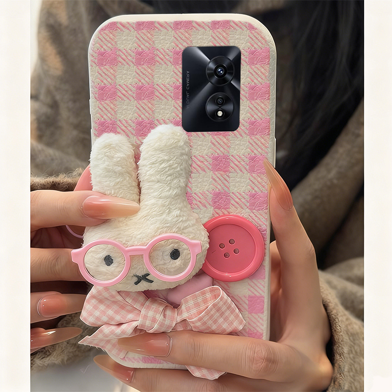 手机壳仿皮皮纹格子卡通秋冬毛绒纽扣米菲兔