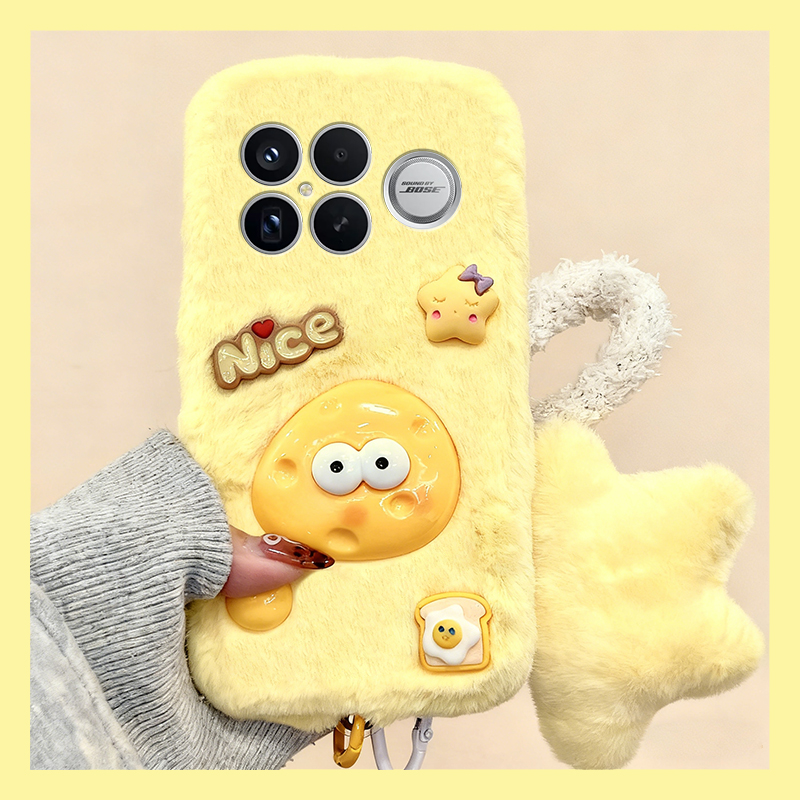 手机壳秋冬毛绒卡通星星吐司奶酪挂件尼龙绳