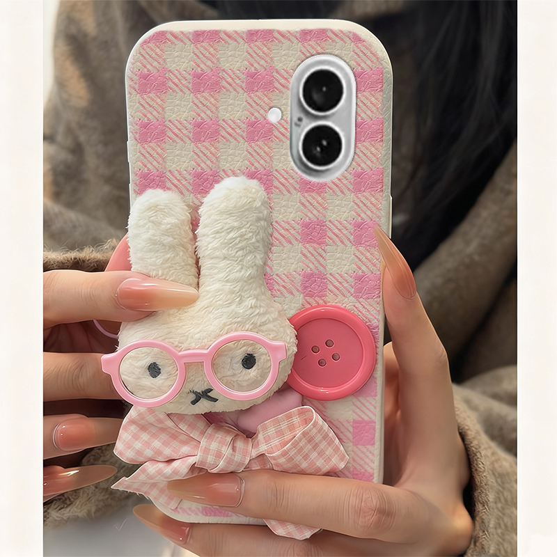 手机壳仿皮皮纹格子卡通秋冬毛绒纽扣米菲兔