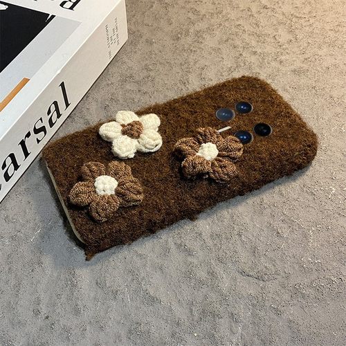 手机壳秋冬毛绒针织花朵带手绳