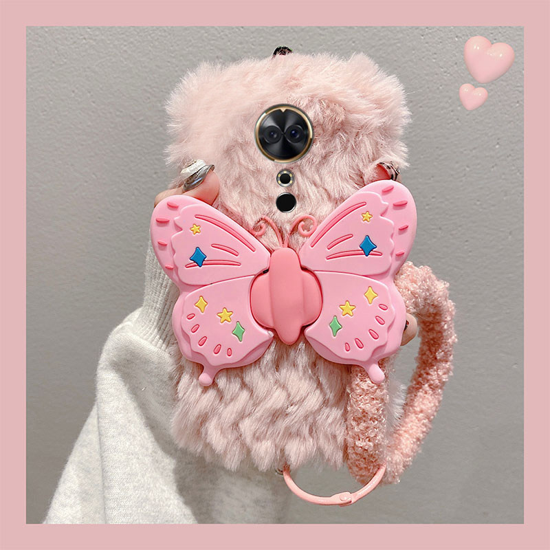 手机壳秋冬毛绒波浪纹立体蝴蝶支架带手环