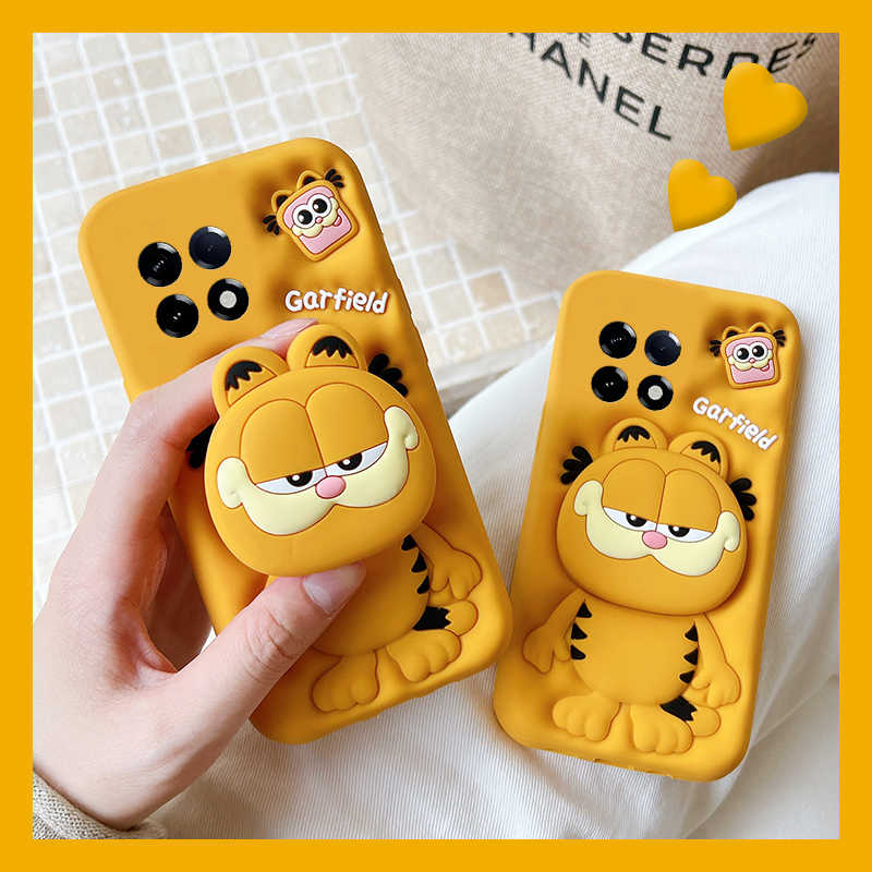 手机壳硅胶卡通趣味立体加菲猫支架带尼龙绳