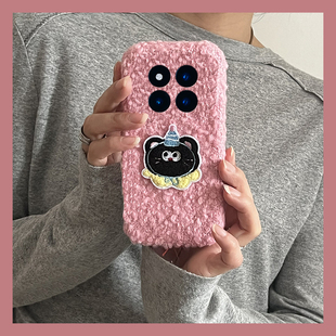 毛绒刺绣小猫适用小米红米note15pro+手机壳noto14秋冬13绒布12turbo卡通11tpro可爱10卷毛9por十redmi冬天女